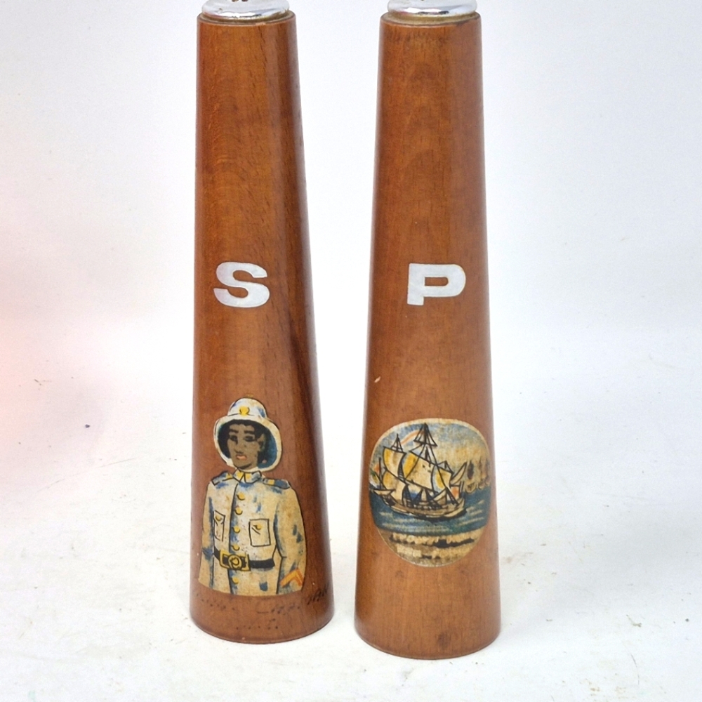 Vintage Wooden Salt and Pepper Shakers with Nautical Design